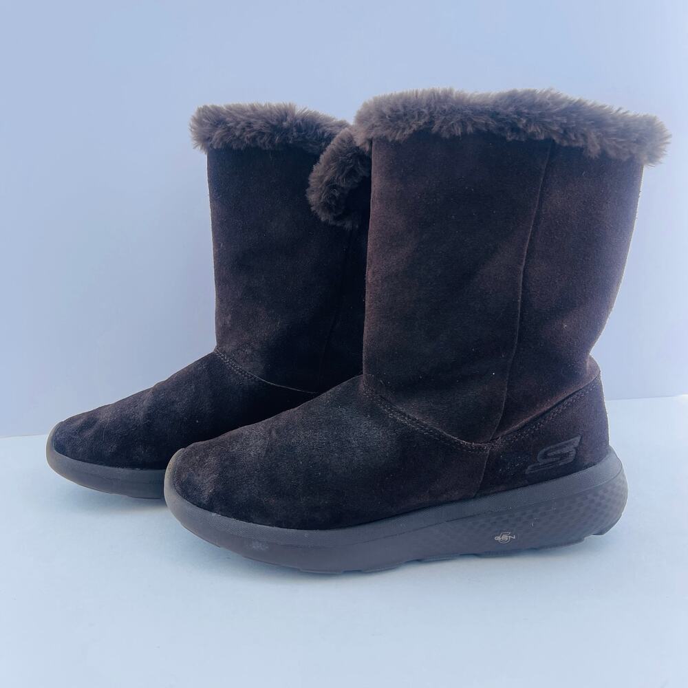 Skechers On The Go Joy City Boots Womens 7 Choc Suede Faux Fur Mid Calf 14633W